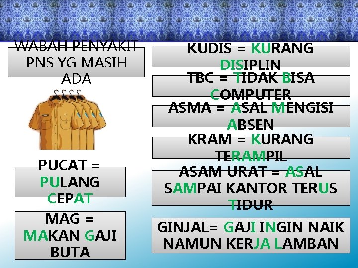 WABAH PENYAKIT PNS YG MASIH ADA PUCAT = PULANG CEPAT MAG = MAKAN GAJI