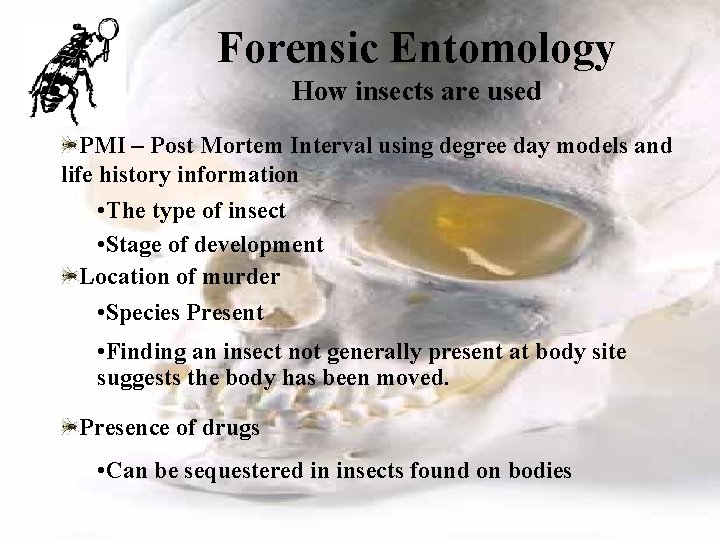 Forensic Entomology How insects are used PMI – Post Mortem Interval using degree day