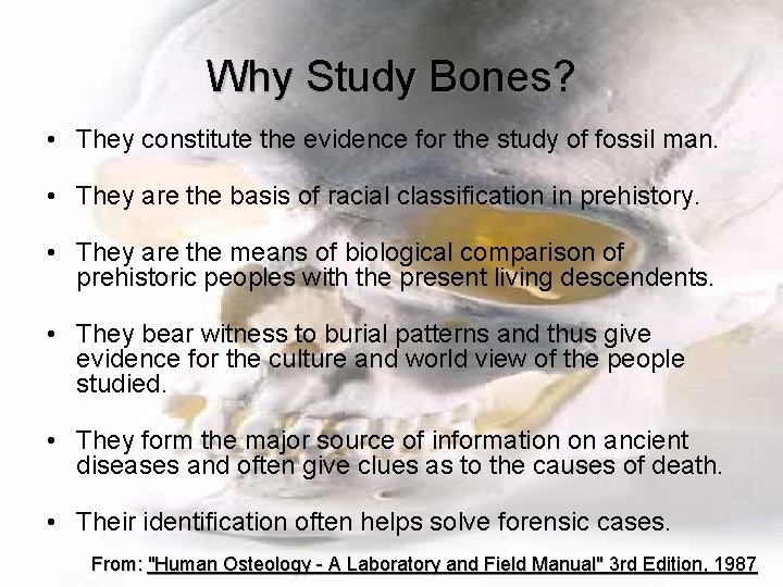 Why Study Bones? • They constitute the evidence for the study of fossil man.
