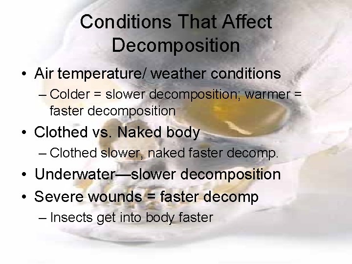 Conditions That Affect Decomposition • Air temperature/ weather conditions – Colder = slower decomposition;