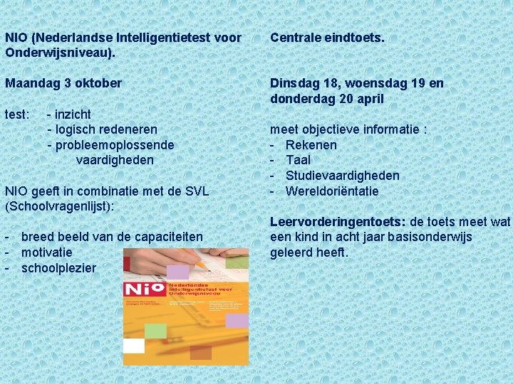 NIO (Nederlandse Intelligentietest voor Onderwijsniveau). Centrale eindtoets. Maandag 3 oktober Dinsdag 18, woensdag 19