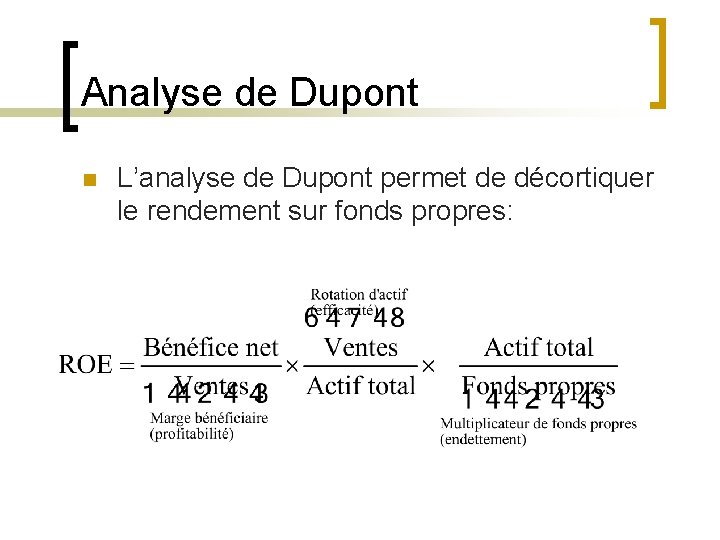Analyse de Dupont n L’analyse de Dupont permet de décortiquer le rendement sur fonds