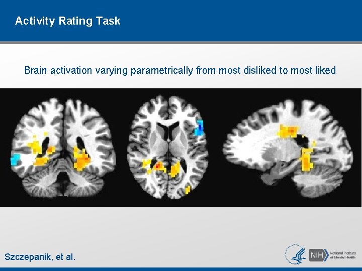 Activity Rating Task Brain activation varying parametrically from most disliked to most liked Szczepanik, Activity Rating Task Brain activation varying parametrically from most disliked to most liked Szczepanik,