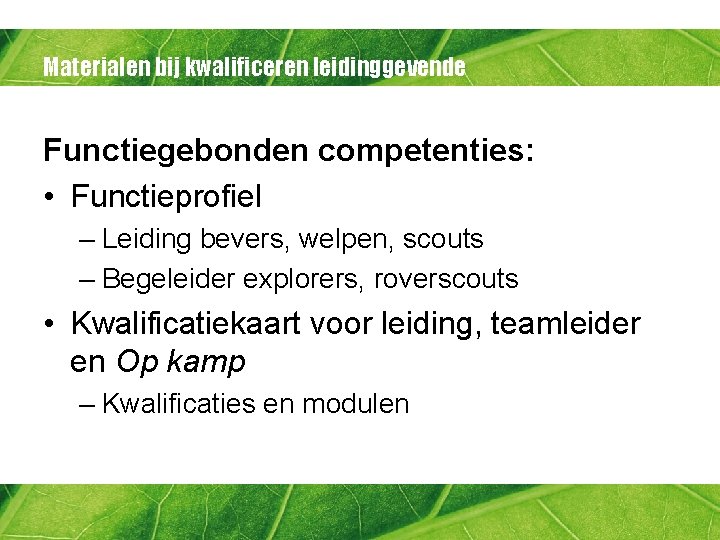 Materialen bij kwalificeren leidinggevende Functiegebonden competenties: • Functieprofiel – Leiding bevers, welpen, scouts –