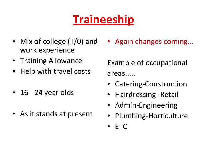 Traineeship • Mix of college (T/0) and work experience • Training Allowance • Help