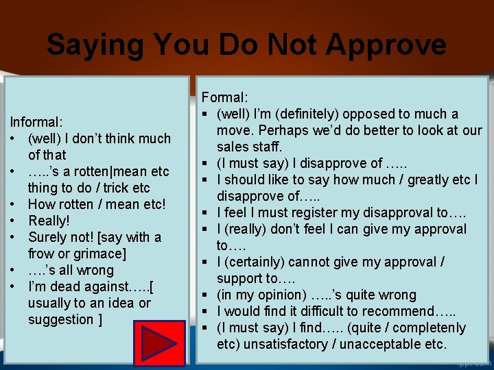 Saying You Do Not Approve Informal: • (well) I don’t think much of that