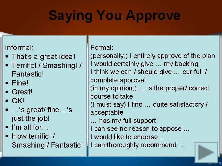 Saying You Approve Informal: § That’s a great idea! § Terrific! / Smashing! /