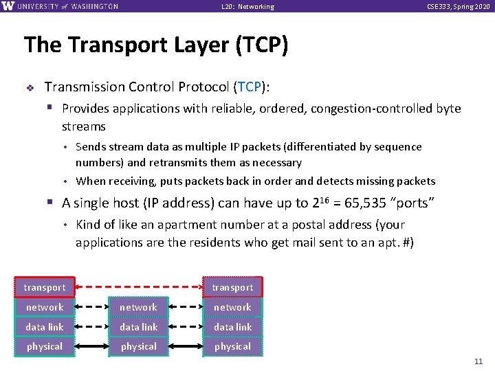 L 20: Networking CSE 333, Spring 2020 The Transport Layer (TCP) v Transmission Control