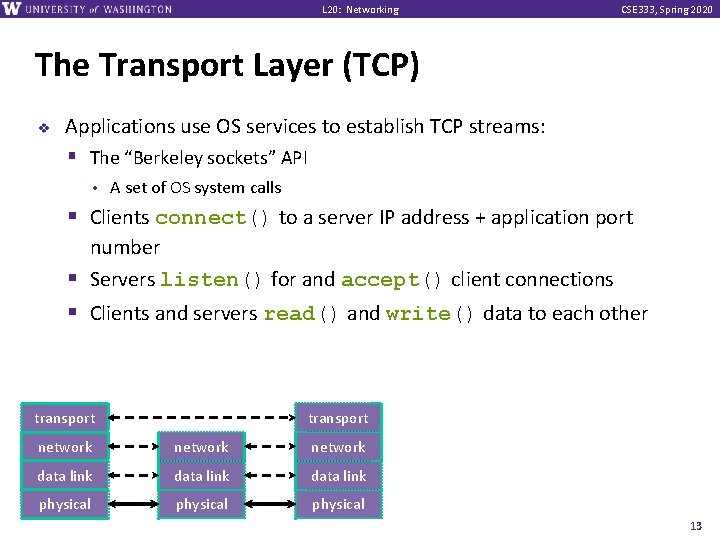L 20: Networking CSE 333, Spring 2020 The Transport Layer (TCP) v Applications use