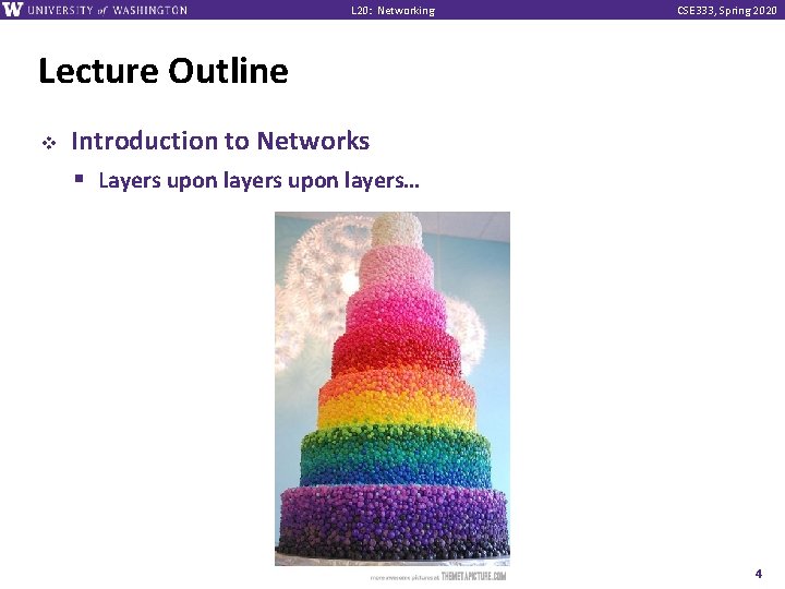 L 20: Networking CSE 333, Spring 2020 Lecture Outline v Introduction to Networks §