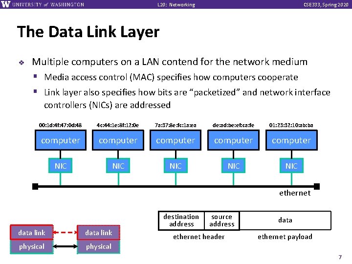 L 20: Networking CSE 333, Spring 2020 The Data Link Layer v Multiple computers