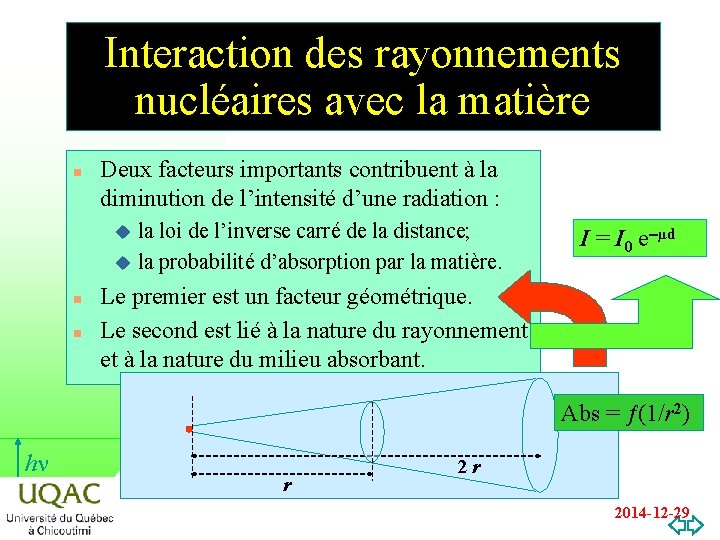 Interaction des rayonnements nucléaires avec la matière n Deux facteurs importants contribuent à la
