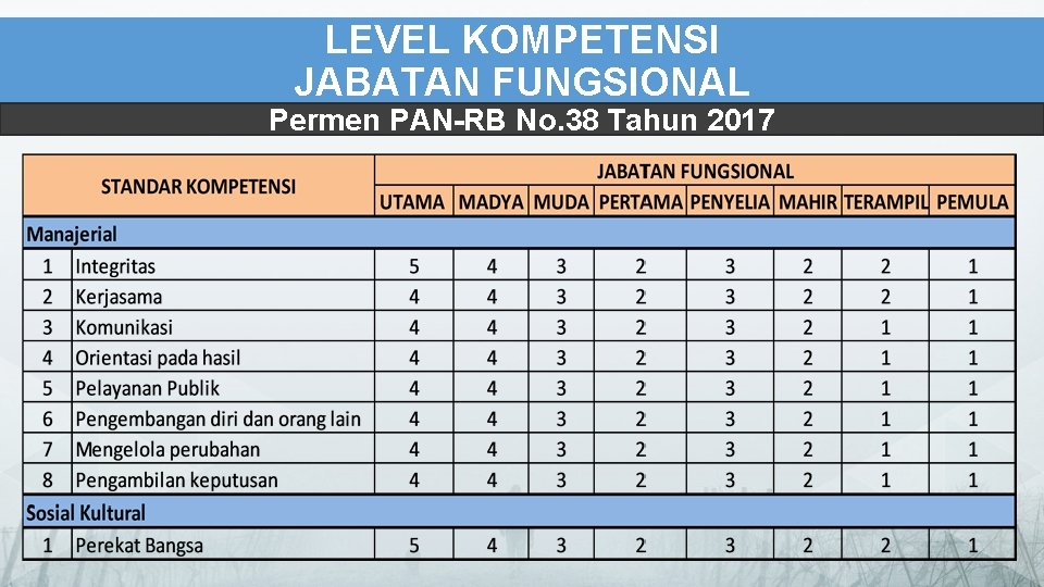 LEVEL KOMPETENSI JABATAN FUNGSIONAL Permen PAN-RB No. 38 Tahun 2017 