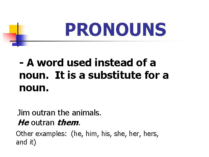 PRONOUNS - A word used instead of a noun. It is a substitute for PRONOUNS - A word used instead of a noun. It is a substitute for