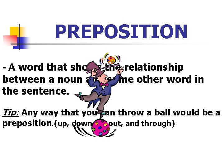 PREPOSITION - A word that shows the relationship between a noun and some other PREPOSITION - A word that shows the relationship between a noun and some other