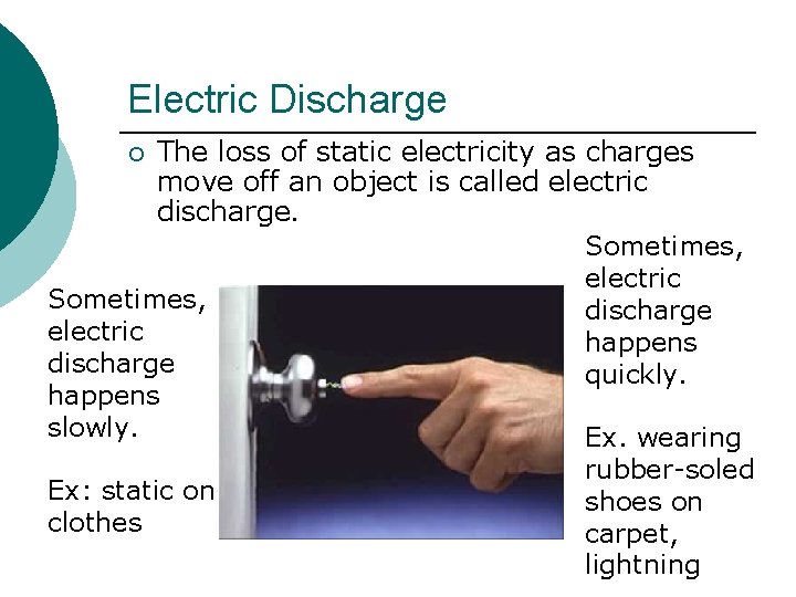 Electric Discharge The loss of static electricity as charges move off an object is