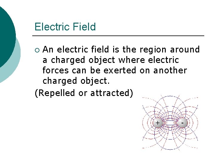 Electric Field An electric field is the region around a charged object where electric