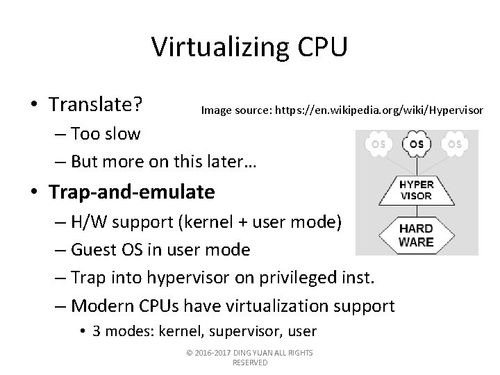 Virtualizing CPU • Translate? Image source: https: //en. wikipedia. org/wiki/Hypervisor – Too slow –