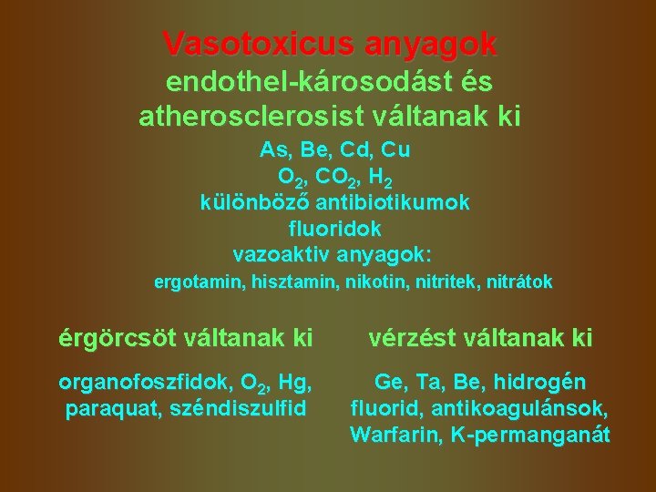 Vasotoxicus anyagok endothel-károsodást és atherosclerosist váltanak ki As, Be, Cd, Cu O 2, CO Vasotoxicus anyagok endothel-károsodást és atherosclerosist váltanak ki As, Be, Cd, Cu O 2, CO