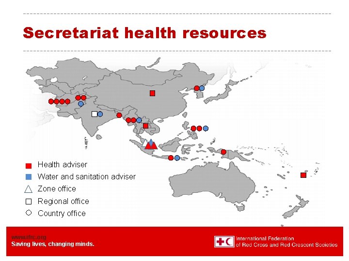 Secretariat health resources Health adviser Water and sanitation adviser Zone office Regional office Country Secretariat health resources Health adviser Water and sanitation adviser Zone office Regional office Country