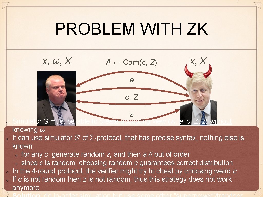 PROBLEM WITH ZK x, ω, X A ← Com(c, Z) x, X a c,