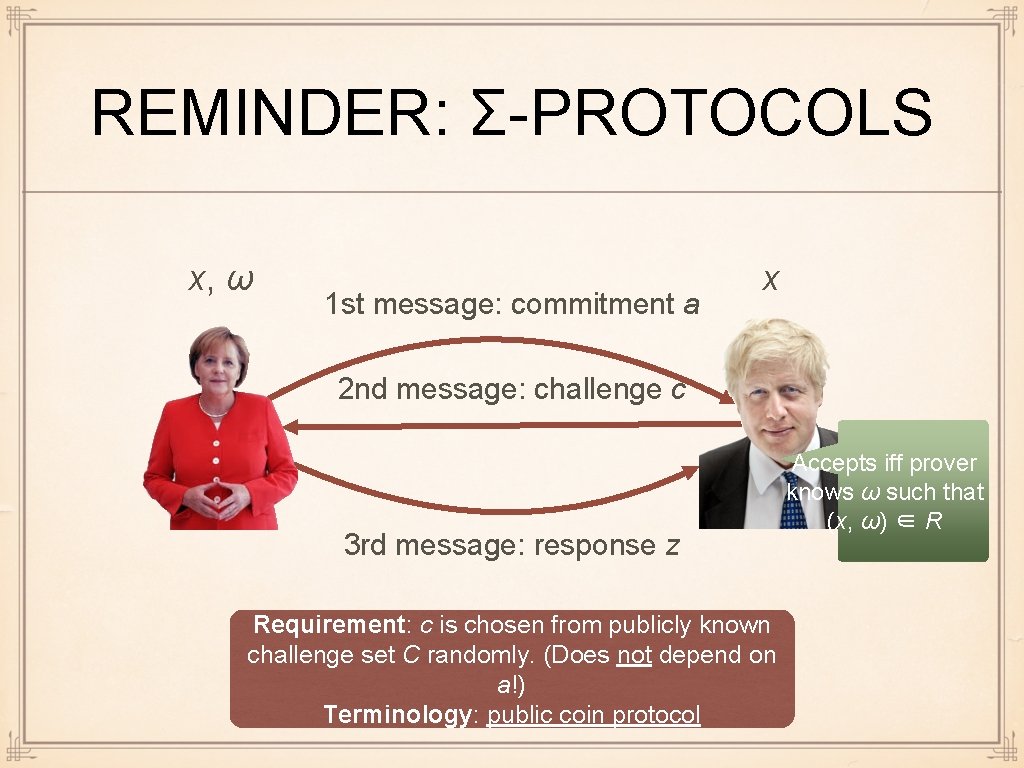 REMINDER: Σ-PROTOCOLS x, ω 1 st message: commitment a x 2 nd message: challenge