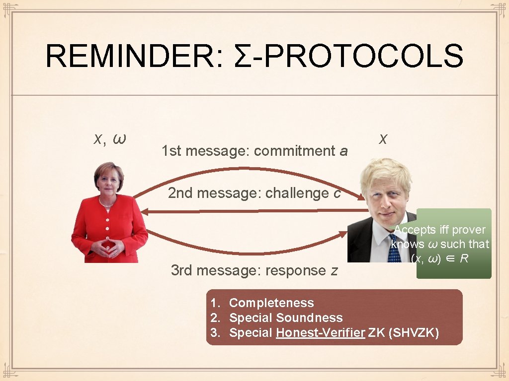 REMINDER: Σ-PROTOCOLS x, ω 1 st message: commitment a x 2 nd message: challenge