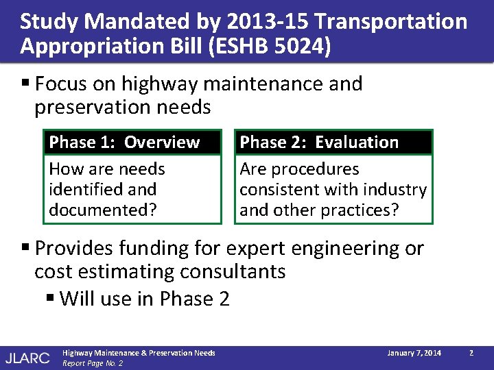 Study Mandated by 2013 -15 Transportation Appropriation Bill (ESHB 5024) § Focus on highway