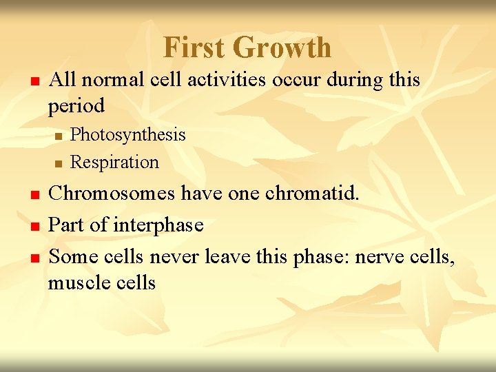 First Growth n All normal cell activities occur during this period n n n First Growth n All normal cell activities occur during this period n n n