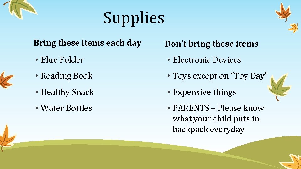 Supplies Bring these items each day Don’t bring these items • Blue Folder •