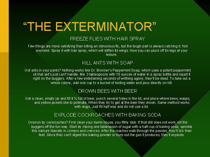 “THE EXTERMINATOR” FREEZE FLIES WITH HAIR SPRAY Few things are more satisfying than killing