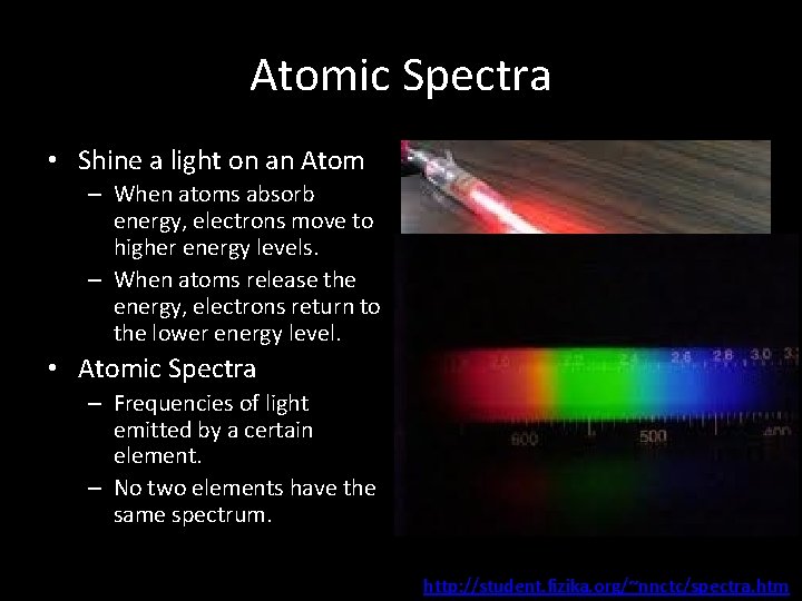 Atomic Spectra • Shine a light on an Atom – When atoms absorb energy,