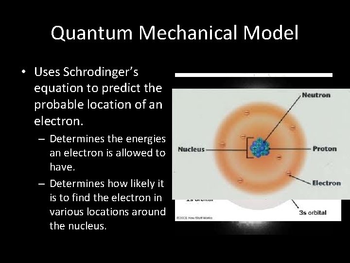 Quantum Mechanical Model • Uses Schrodinger’s equation to predict the probable location of an