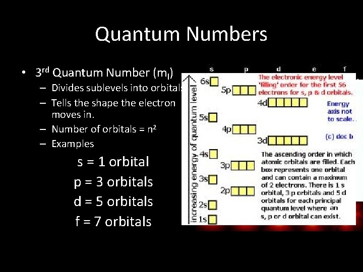 Quantum Numbers • 3 rd Quantum Number (ml) – Divides sublevels into orbitals. –