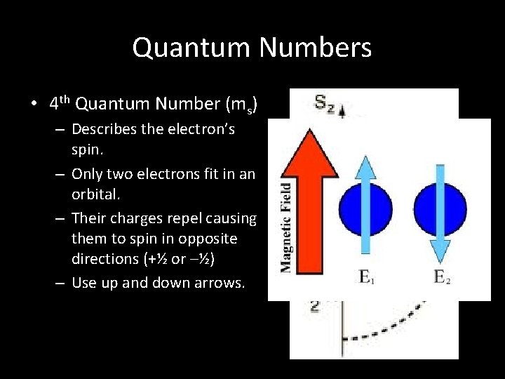 Quantum Numbers • 4 th Quantum Number (ms) – Describes the electron’s spin. –