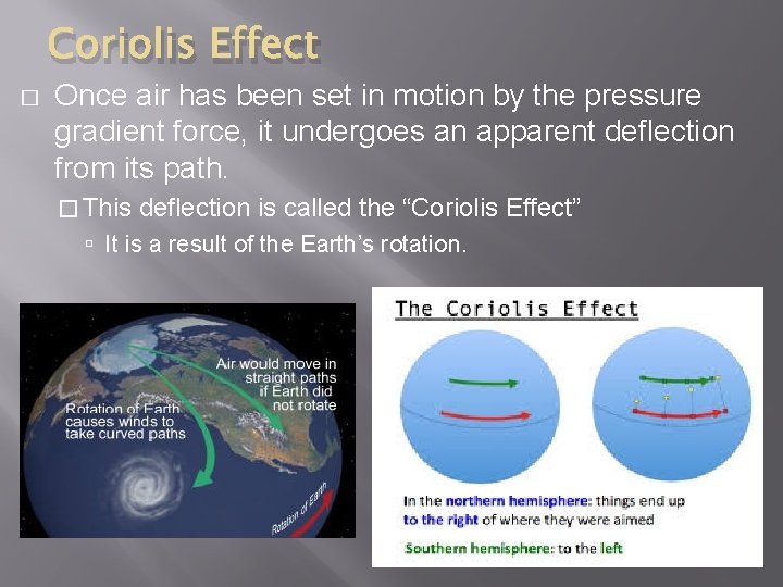 Coriolis Effect � Once air has been set in motion by the pressure gradient