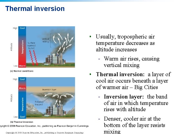 Thermal inversion • Usually, tropospheric air temperature decreases as altitude increases - Warm air