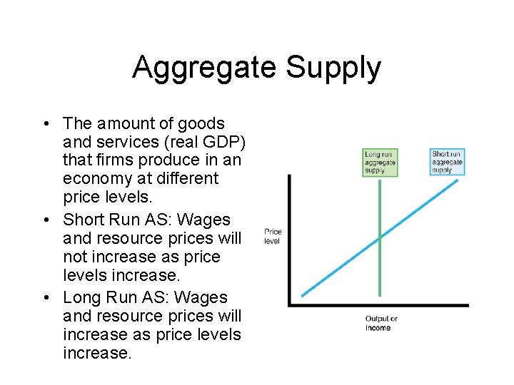 Aggregate Supply • The amount of goods and services (real GDP) that firms produce
