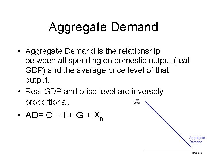 Aggregate Demand • Aggregate Demand is the relationship between all spending on domestic output
