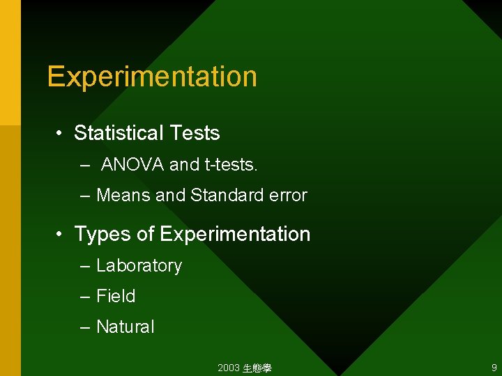 Experimentation • Statistical Tests – ANOVA and t-tests. – Means and Standard error •