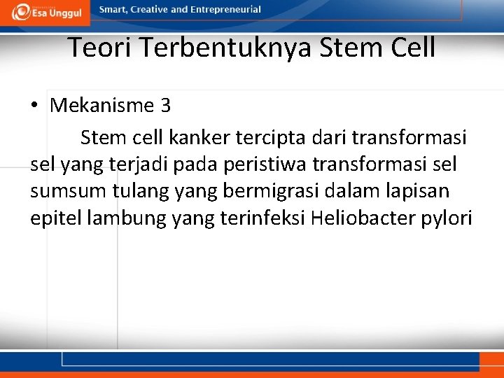 Teori Terbentuknya Stem Cell • Mekanisme 3 Stem cell kanker tercipta dari transformasi sel