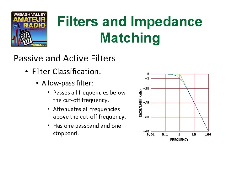 Filters and Impedance Matching Passive and Active Filters • Filter Classification. • A low-pass
