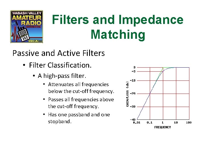 Filters and Impedance Matching Passive and Active Filters • Filter Classification. • A high-pass