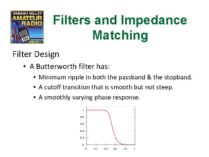 Filters and Impedance Matching Filter Design • A Butterworth filter has: • Minimum ripple