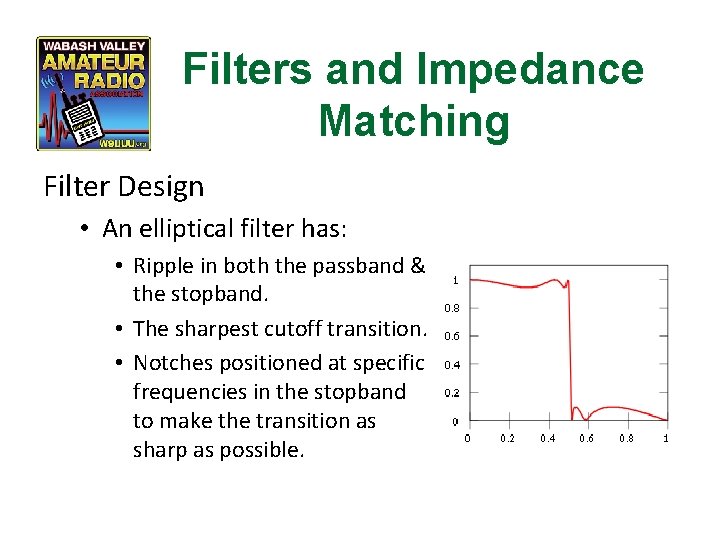 Filters and Impedance Matching Filter Design • An elliptical filter has: • Ripple in