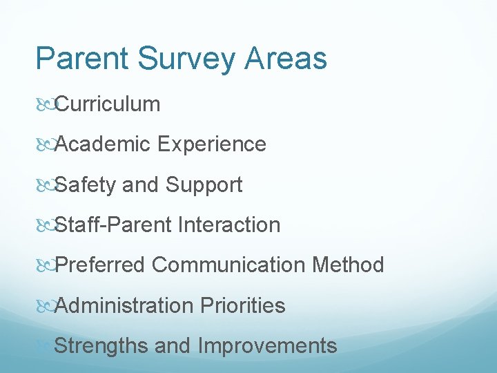 Parent Survey Areas Curriculum Academic Experience Safety and Support Staff-Parent Interaction Preferred Communication Method