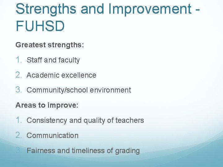 Strengths and Improvement FUHSD Greatest strengths: 1. Staff and faculty 2. Academic excellence 3.