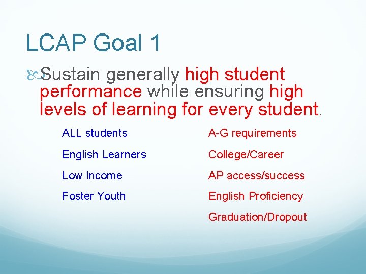 LCAP Goal 1 Sustain generally high student performance while ensuring high levels of learning