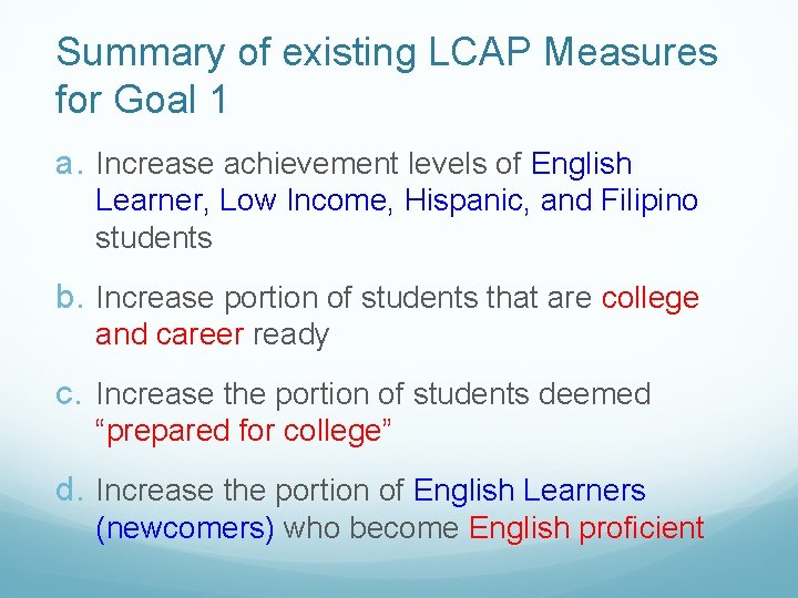 Summary of existing LCAP Measures for Goal 1 a. Increase achievement levels of English