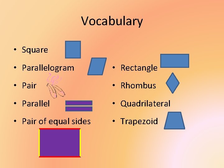 Vocabulary • Square • Parallelogram • Rectangle • Pair • Rhombus • Parallel •